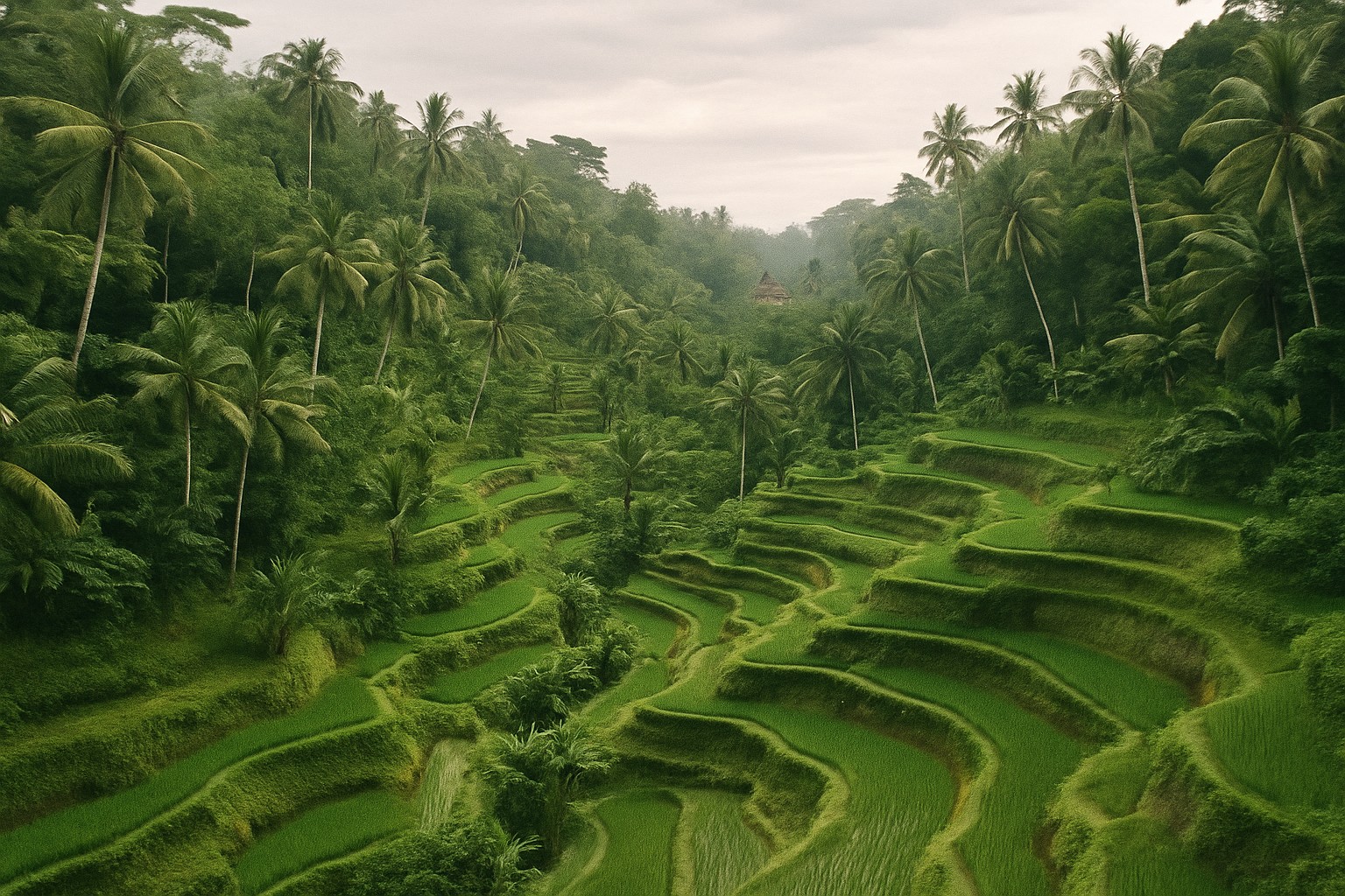 Terraced rice paddies in Ubud Bali on a misty morning