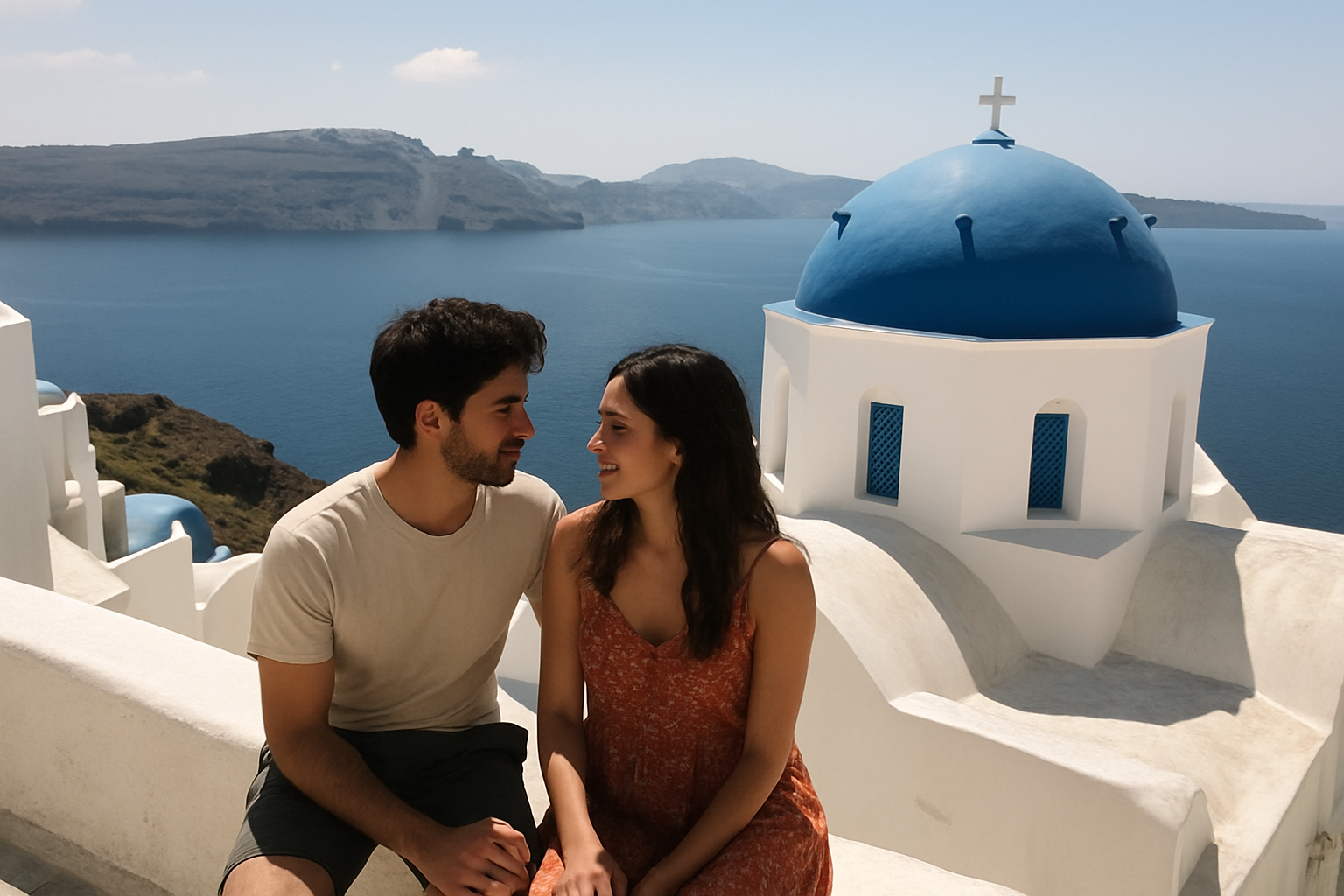 Couple on a whitewashed terrace in Santorini overlooking the caldera